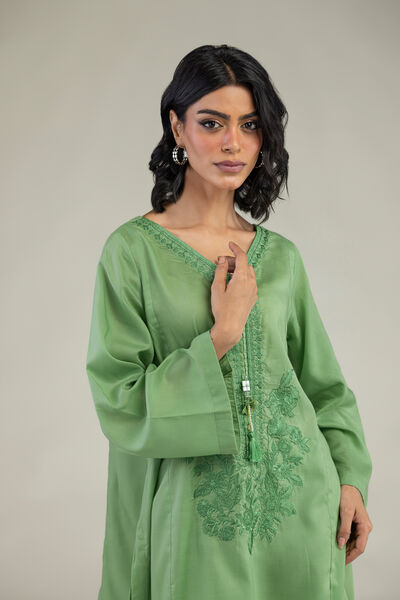 Embroidered | Lyocell | Green V-Neck Kurta | GBP 35.00