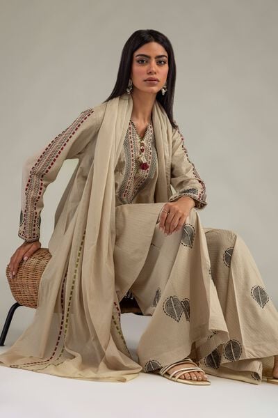 Embroidered | Cotton Dobby | Beige Cotton Kurta | GBP 35.00
