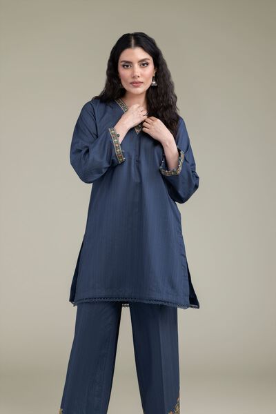 Embroidered | Cotton Dobby | Navy V-Neck Kurta | GBP 25.00