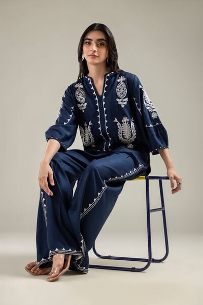 Embroidered | Viscose Crepe | Embroidered Navy Blouse | GBP 30.00