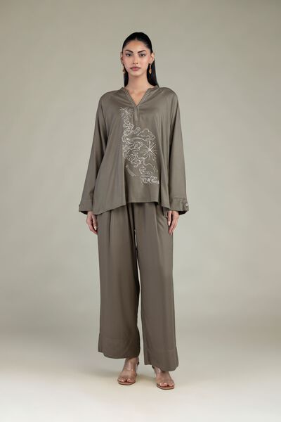 Embroidered | Viscose Crepe | Solid Olive Trousers | GBP 20.00