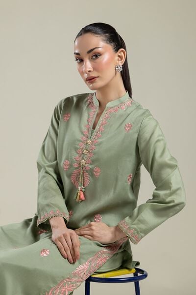 Embroidered | Textured Weave | Long Mint Kurta | GBP 30.00