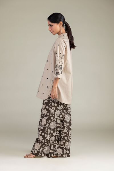Embroidered | Cotton Dobby | Floral Brown Pants | GBP 25.00