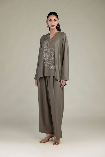 Embroidered | Viscose Crepe | Solid Olive Trousers | GBP 20.00