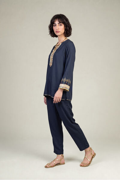 Embroidered | Viscose Crepe | Navy Crepe Trousers | GBP 30.00
