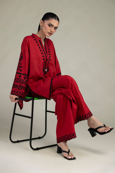 Embroidered | Cambric | Red Cambric Kurta | GBP 45.00