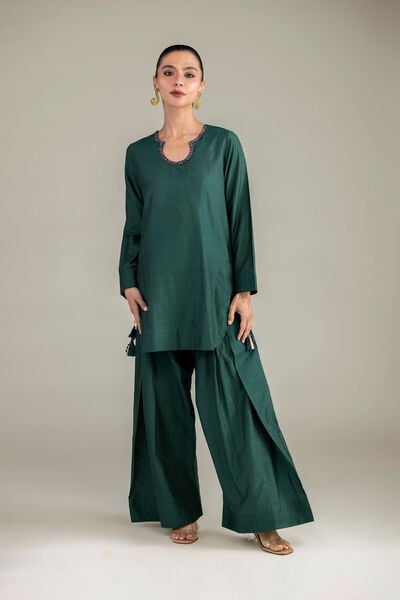 Dyed | Textured Raw Silk | Solid Green Shalwar | GBP 25.00