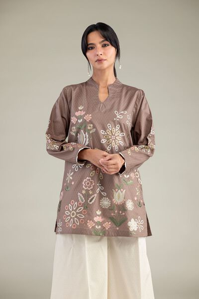 Embroidered | Cotton Dobby | Brown V-Neck Kurta | GBP 40.00