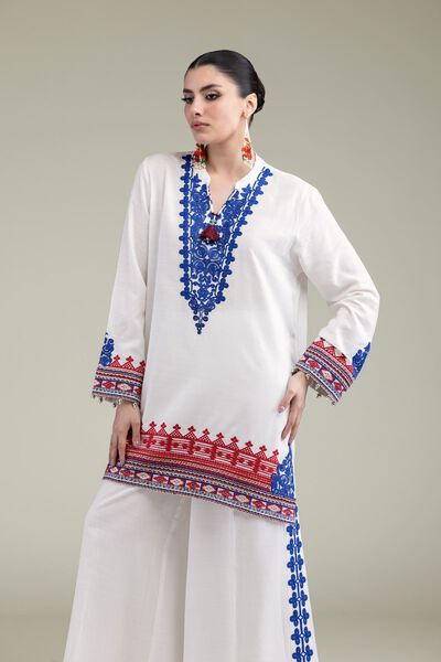 Embroidered | Raw Silk | White V-Neck Kurta | GBP 35.00