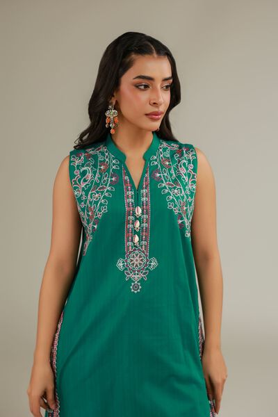 Embroidered | Cotton Dobby | Green Sleeveless Kurta | GBP 30.00