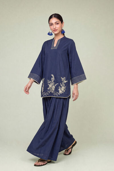 Embroidered | Cambric | Navy Solid Pants | GBP 25.00