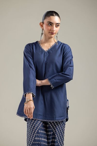 Raw Silk | Navy V-Neck Kurta | GBP 35.00