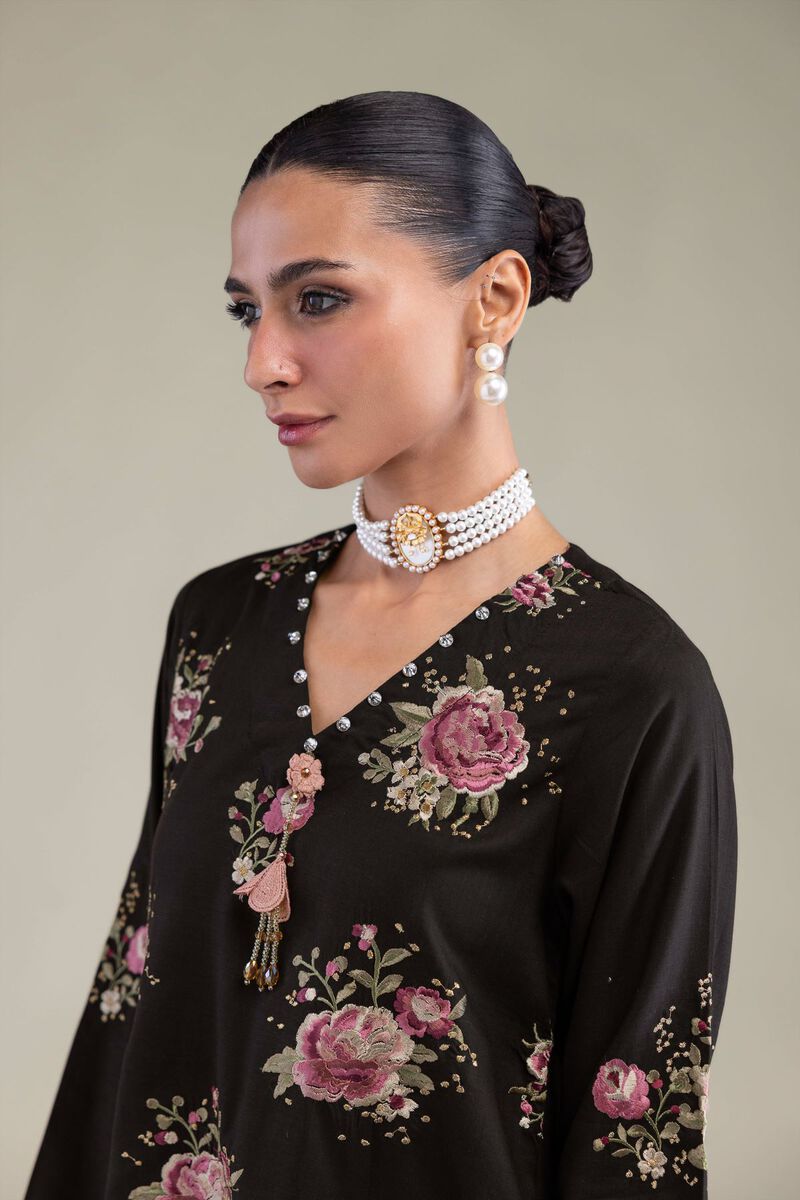 Embroidered | Raw Silk | Black Floral Kurta | GBP 40.00