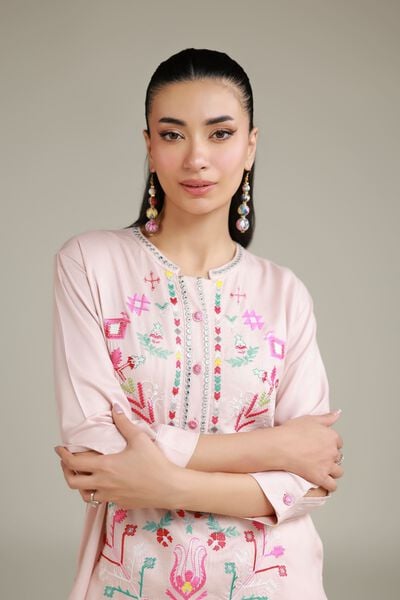 Embroidered | Viscose Crepe | Pink Buttoned Shirt | GBP 30.00