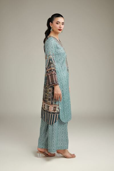 Embroidered | Raw Silk | Relaxed Teal Pants | GBP 25.00