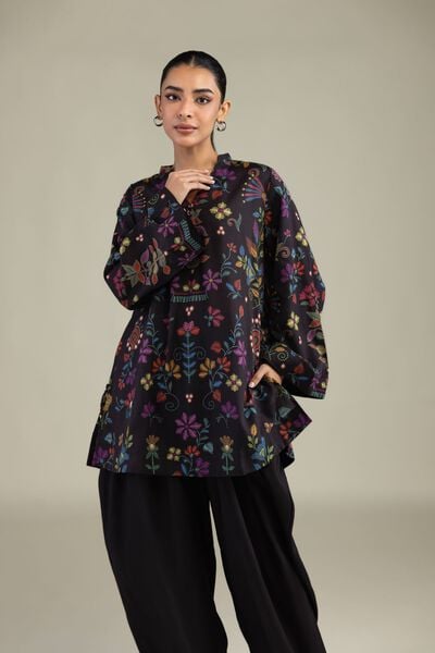Printed | Textured Weave | Black V-Neck Kurta | GBP 25.00