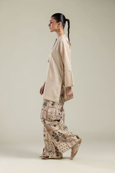 Embroidered |Cotton Dobby | Beige Cotton Pants | GBP 35.00