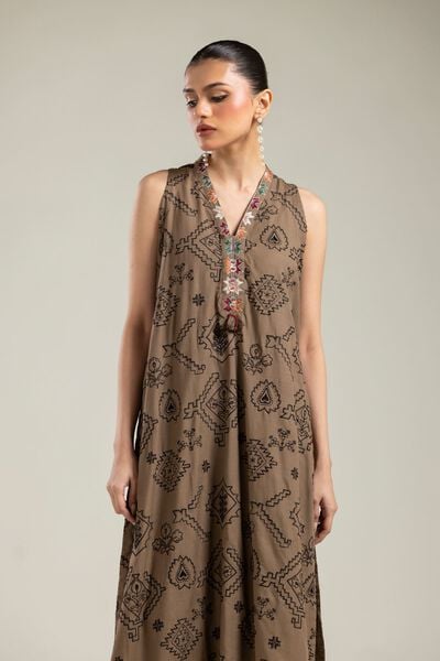 Embroidered | Raw Silk | Brown Sleeveless Kurta | GBP 45.00