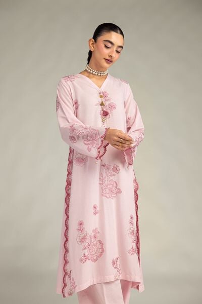 Embroidered | Raw Silk | Pink Longline Kurta | GBP 55.00