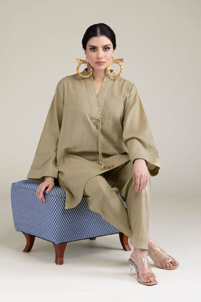 Dyed | Blended Linen | V-Neck Band-Collar Kurta | GBP 9.00