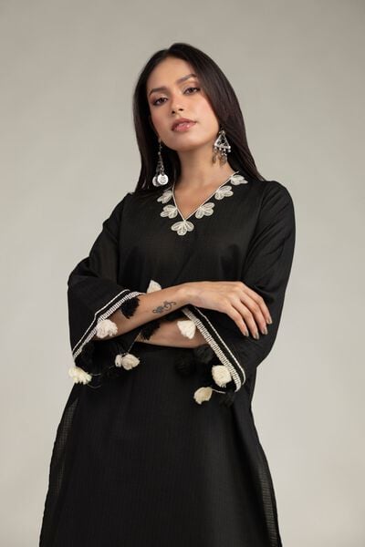 Embroidered | Cotton Dobby | Black Cotton Kurta | GBP 25.00