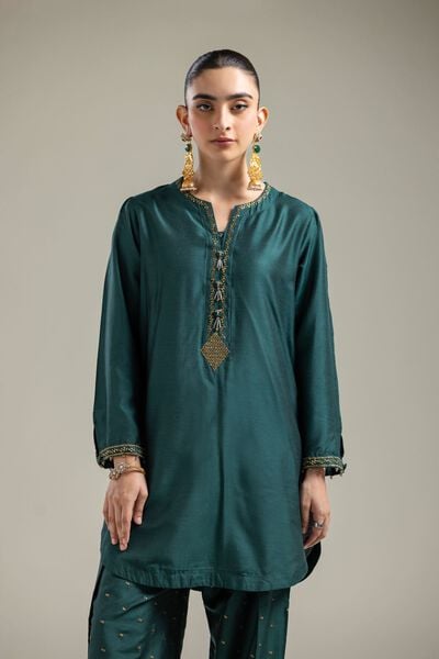 Raw Silk | Green V-Neck Kurta | GBP 35.00