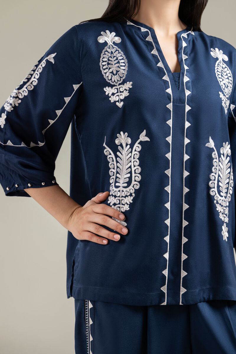 Embroidered | Viscose Crepe | Embroidered Navy Blouse | GBP 30.00