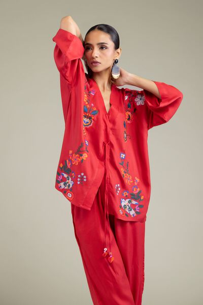 Embroidered | Viscose Crepe | Red V-Neck Blouse | GBP 30.00