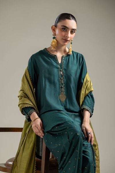Raw Silk | Green V-Neck Kurta | GBP 35.00