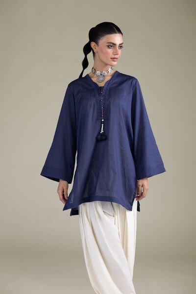 Dyed | Cotton Dobby | Navy V-Neck Kurta | GBP 30.00