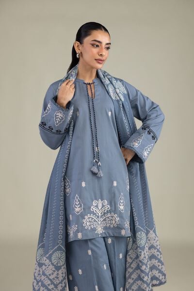 Textured Cotton | Embroidered | Blue Cotton Kurta | GBP 35.00