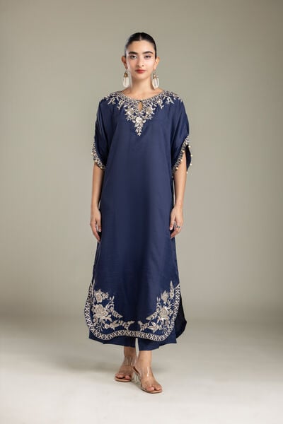 Embroidered | Raw Silk | Navy Silk Pants | GBP 35.00