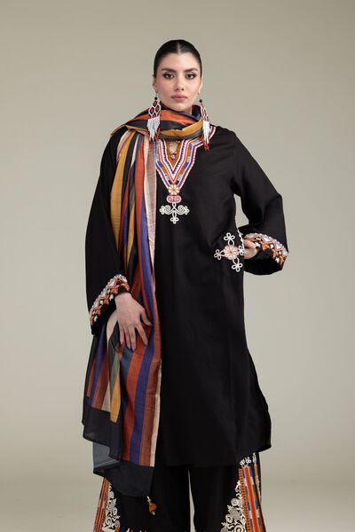 Embroidered | Raw Silk | Black Longline Kurta | GBP 35.00