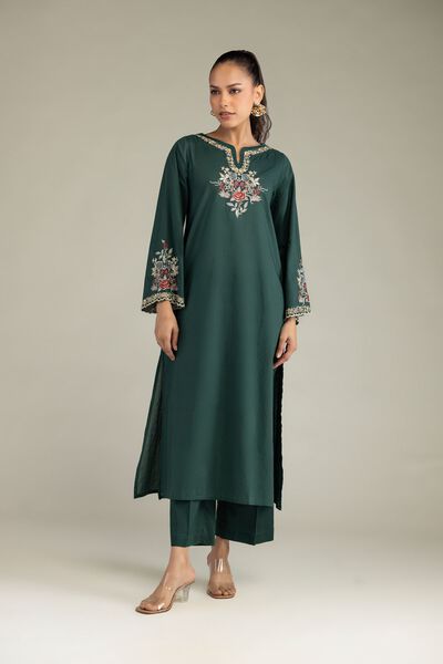 Embroidered | Cambric | Solid Green Pants | GBP 20.00