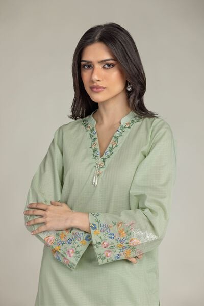 Embroidered | Cotton Dobby | Floral Mint Kurta | GBP 25.00