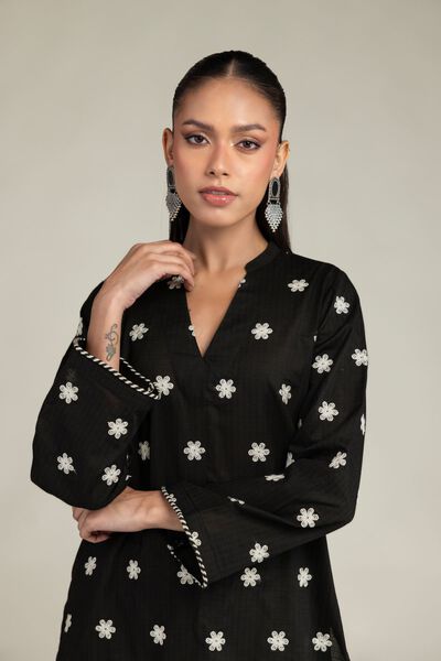 Embroidered | Cotton Dobby | Black V-Neck Kurta | GBP 35.00