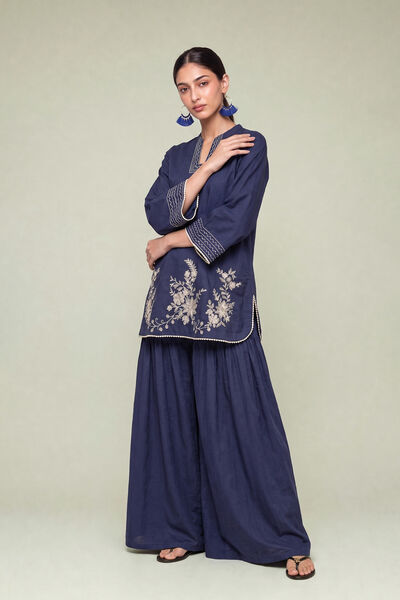 Embroidered | Cambric | Navy Solid Pants | GBP 25.00