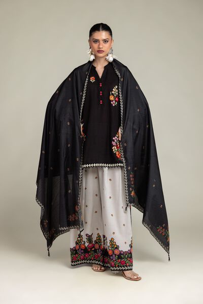 Embroidered | Raw Silk | Black Floral Kurta | GBP 30.00