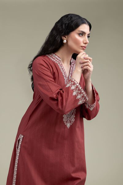 Embroidered | Cotton Dobby | Longline V-Neck Kurta | GBP 40.00