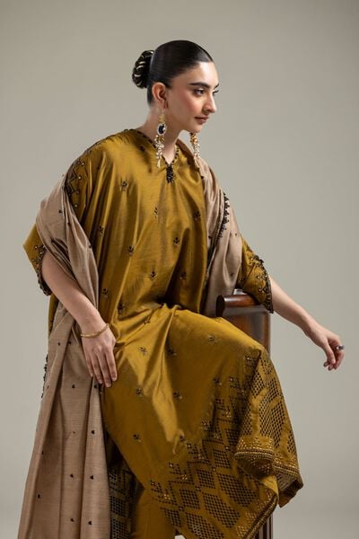 Raw Silk | Mustard Longline Kurta | GBP 50.00
