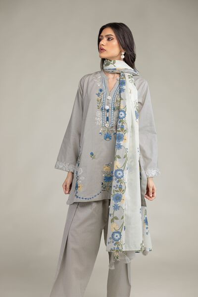 Embroidered | Cotton Net | Gray Floral Dupatta | GBP 15.00