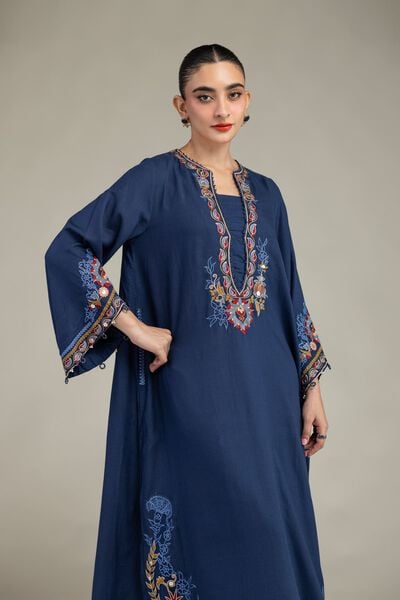 Embroidered | Raw Silk | Floral Navy Kurta | GBP 55.00