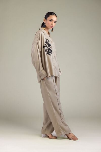Embroidered | Viscose Crepe | Solid Beige Trousers | GBP 20.00