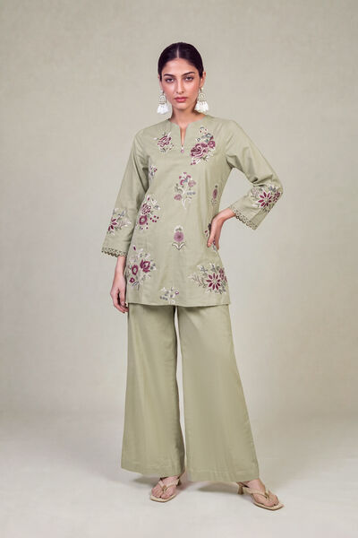 Embroidered | Cambric | Solid Olive Pants | GBP 25.00