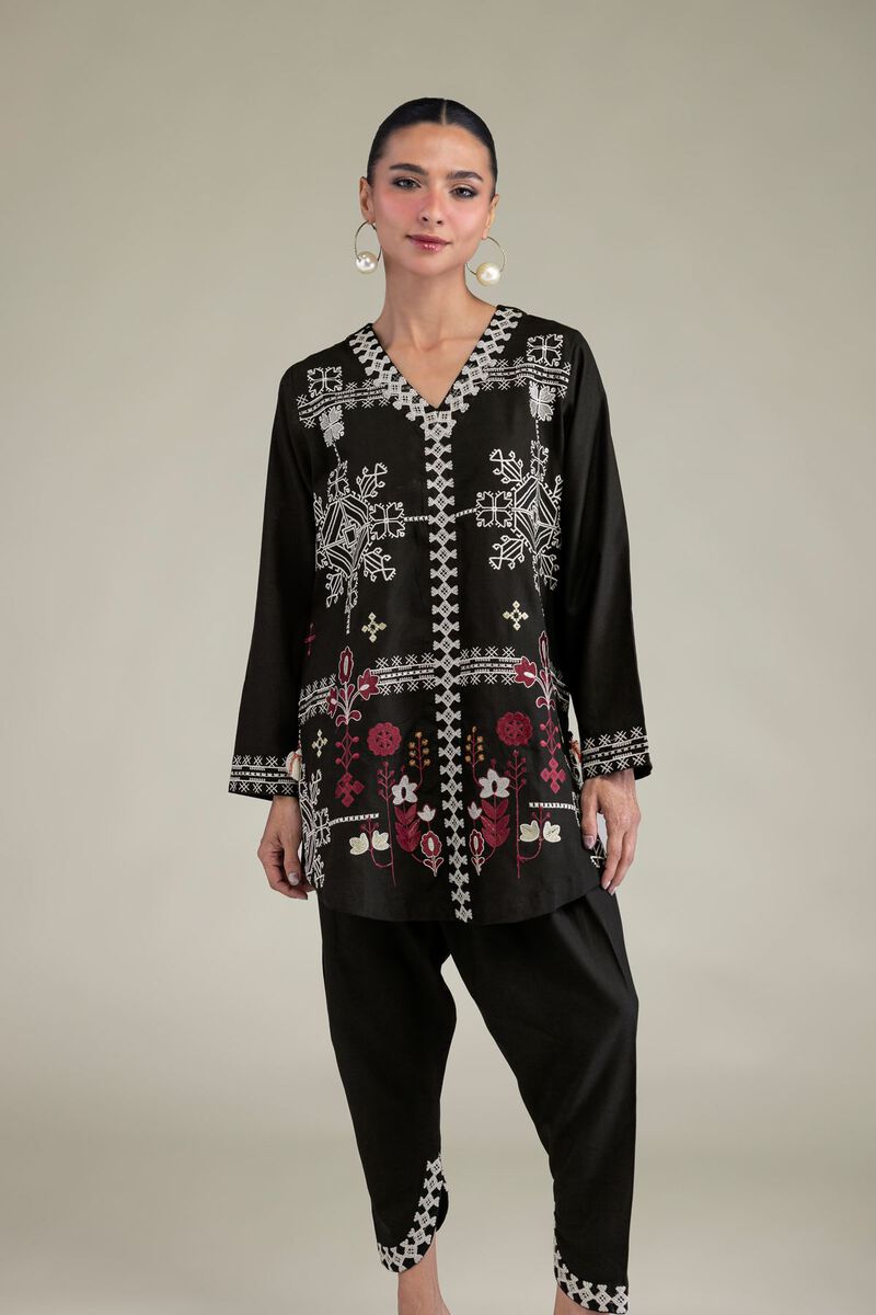 Embroidered | Raw Silk | Black Floral Kurta | GBP 35.00