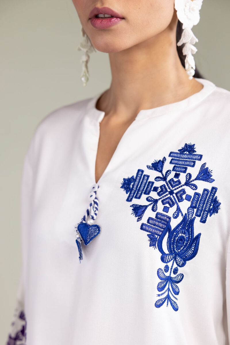 Embroidered | Viscose Crepe | Floral White Tunic | GBP 30.00