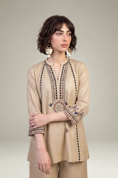Embroidered | Viscose Crepe | Beige V-Neck Tunic | GBP 40.00