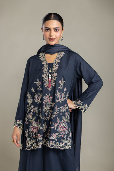Embroidered | Raw Silk | Short Navy Kurta | GBP 60.00