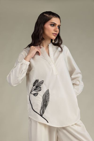 Embroidered | Poplin | Floral Band-Collar Shirt | GBP 25.00