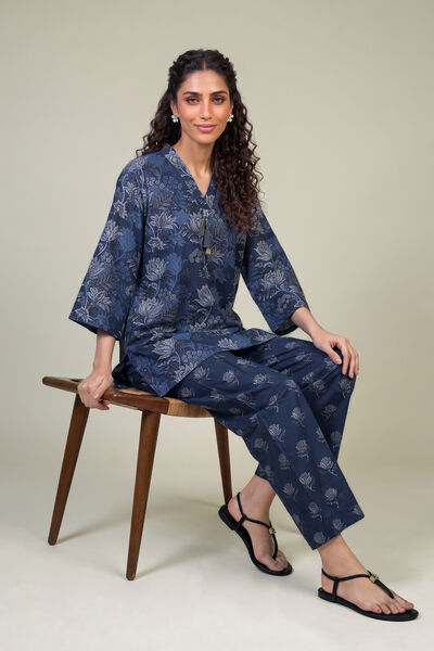 Printed | Light Khaddar | Floral Navy Kurta | GBP 30.00